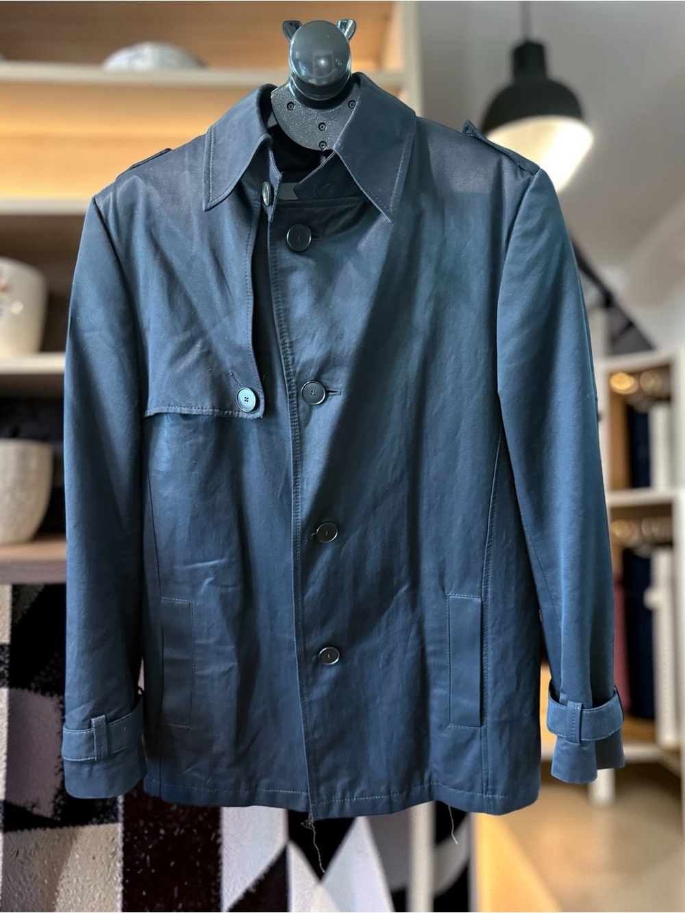 Drykorn Mens Navy Trench Coat Short Mac Car Coat Double Breasted Cotton Blend